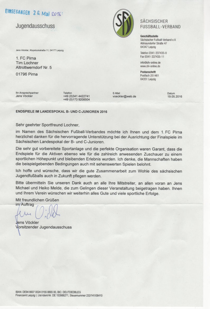 Danksagung durch den SFV